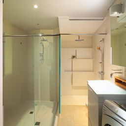 Compact 5.4 cubic meter bathroom layout, featuring toilet, washing machine, separate shower area with glass partition, modern amenities