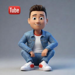 Generate a 3D illustration of an animated character, showcasing the 'YouTube' logo. The character, dressed in modern casual clothing including a denim jacket and sneakers, is sitting down.