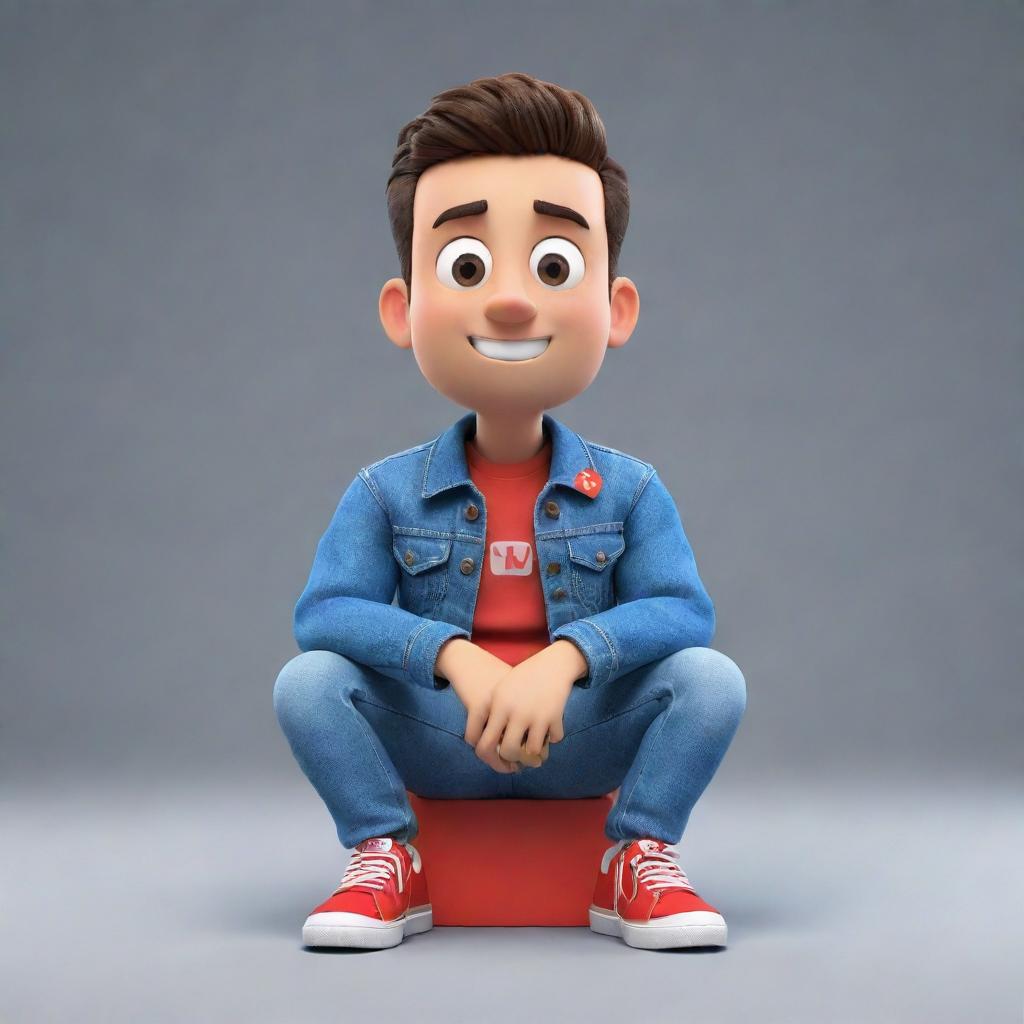 Generate a 3D illustration of an animated character, showcasing the 'YouTube' logo. The character, dressed in modern casual clothing including a denim jacket and sneakers, is sitting down.