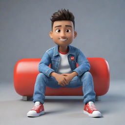 Generate a 3D illustration of an animated character, showcasing the 'YouTube' logo. The character, dressed in modern casual clothing including a denim jacket and sneakers, is sitting down.