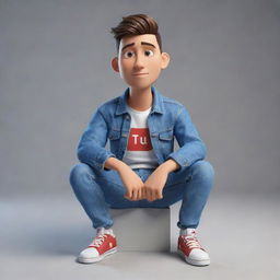 Generate a 3D illustration of an animated character, showcasing the 'YouTube' logo. The character, dressed in modern casual clothing including a denim jacket and sneakers, is sitting down.