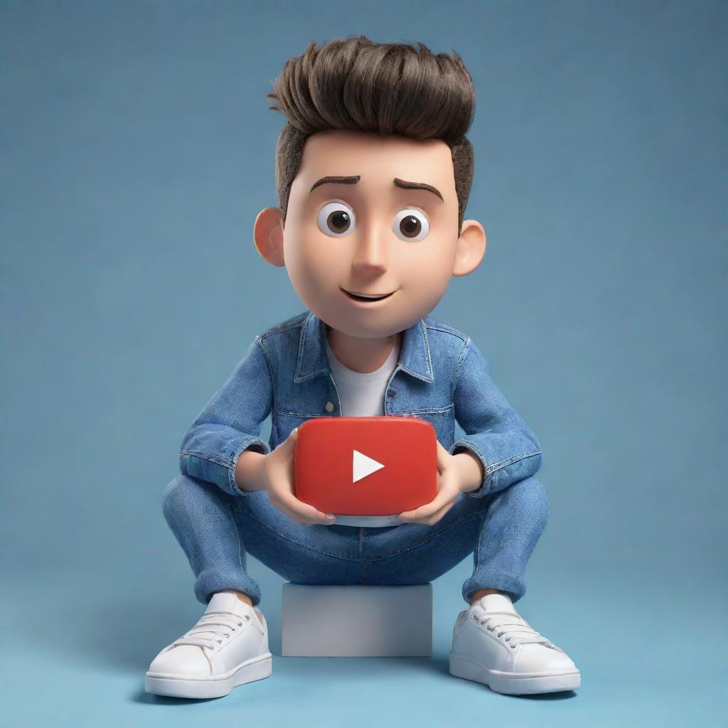 Craft a 3D illustration of an animated character exhibiting the 'YouTube' logo. The character, attired in modern casual clothing like a denim jacket and sneakers, is sitting down.