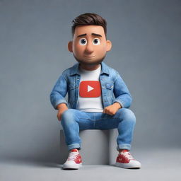 Craft a 3D illustration of an animated character exhibiting the 'YouTube' logo. The character, attired in modern casual clothing like a denim jacket and sneakers, is sitting down.