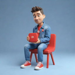 Craft a 3D illustration of an animated character exhibiting the 'YouTube' logo. The character, attired in modern casual clothing like a denim jacket and sneakers, is sitting down.