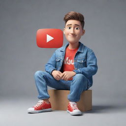 Craft a 3D illustration of an animated character exhibiting the 'YouTube' logo. The character, attired in modern casual clothing like a denim jacket and sneakers, is sitting down.