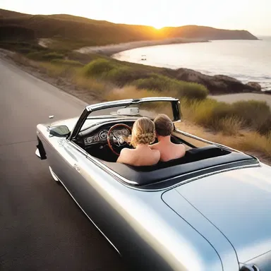 As the couple cruised down the coastal highway, the sunset reflected beautifully off the shiny chrome exhaust pipe of their vintage convertible.