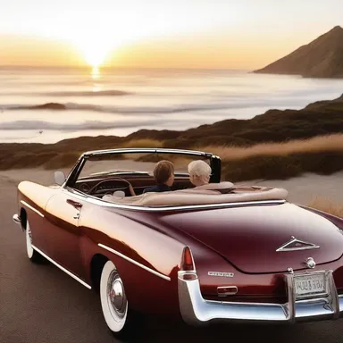 As the couple cruised down the coastal highway, the sunset reflected beautifully off the shiny chrome exhaust pipe of their vintage convertible.