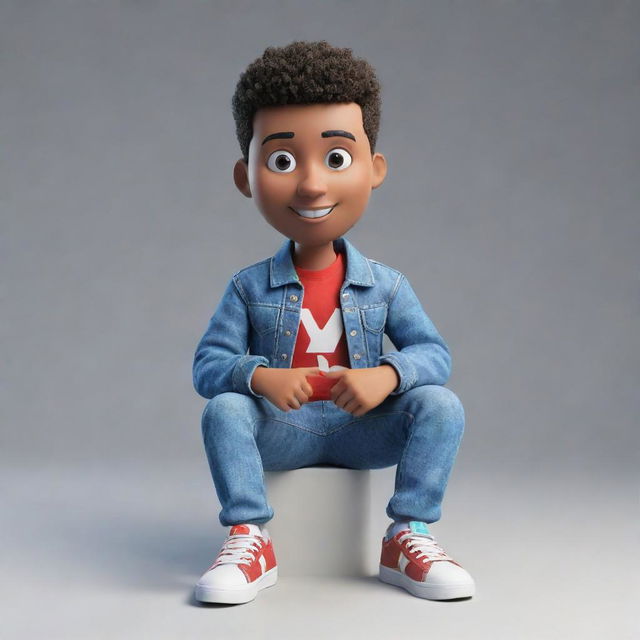 Construct a 3D illustration of an animated character displaying the 'YouTube' logo. The character is dressed in modern, casual attire, featuring a denim jacket and sneakers, and is sitting down.