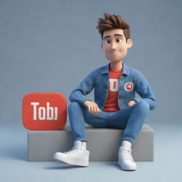 Construct a 3D illustration of an animated character displaying the 'YouTube' logo. The character is dressed in modern, casual attire, featuring a denim jacket and sneakers, and is sitting down.