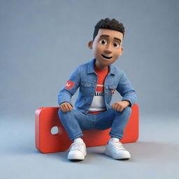 Construct a 3D illustration of an animated character displaying the 'YouTube' logo. The character is dressed in modern, casual attire, featuring a denim jacket and sneakers, and is sitting down.