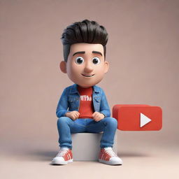 Make a 3D illustration of an animated character proudly displaying the YouTube logo. The character should wear casual modern clothing like a denim jacket and sneakers, and be sitting down.