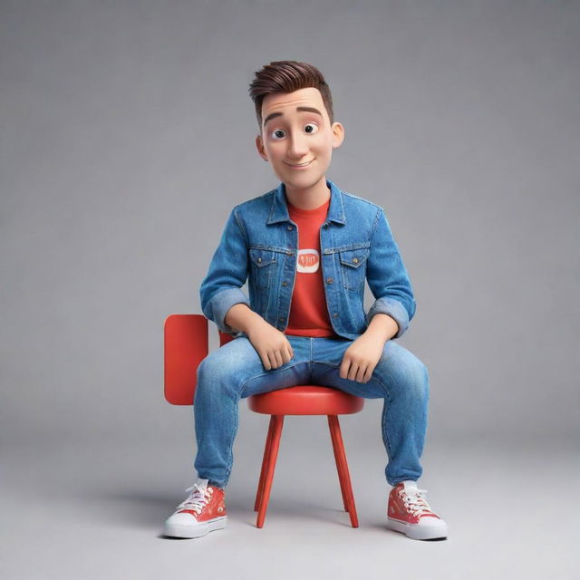 Make a 3D illustration of an animated character proudly displaying the YouTube logo. The character should wear casual modern clothing like a denim jacket and sneakers, and be sitting down.