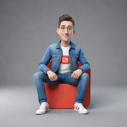 Make a 3D illustration of an animated character proudly displaying the YouTube logo. The character should wear casual modern clothing like a denim jacket and sneakers, and be sitting down.