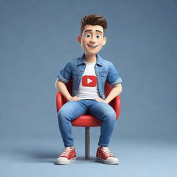 Make a 3D illustration of an animated character proudly displaying the YouTube logo. The character should wear casual modern clothing like a denim jacket and sneakers, and be sitting down.