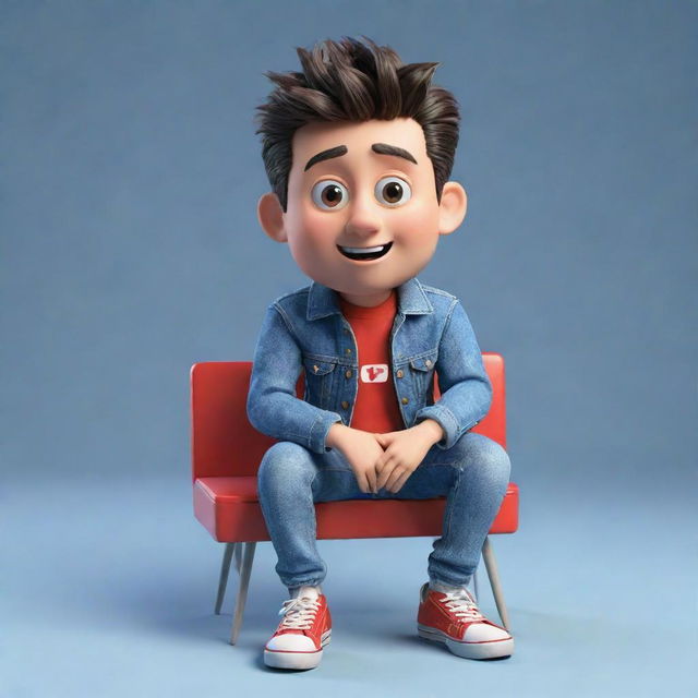 Produce a 3D illustration of an animated character expressing the 'YouTube' logo. The character is attired in modern casual clothes, including a denim jacket and sneakers, and is seated.