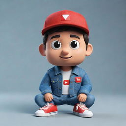 Create a 3D illustration of an animated character showcasing the 'YouTube' logo. The character is attired in modern, casual wear like a denim jacket and sneakers, securely sitting.