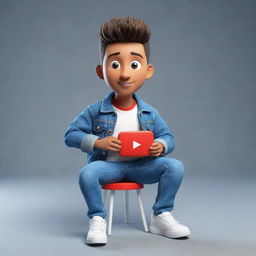 Create a 3D illustration of an animated character showcasing the 'YouTube' logo. The character is attired in modern, casual wear like a denim jacket and sneakers, securely sitting.