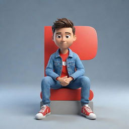 Create a 3D illustration of an animated character showcasing the 'YouTube' logo. The character is attired in modern, casual wear like a denim jacket and sneakers, securely sitting.