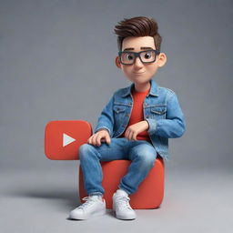 Create a 3D illustration of an animated character showcasing the 'YouTube' logo. The character is attired in modern, casual wear like a denim jacket and sneakers, securely sitting.