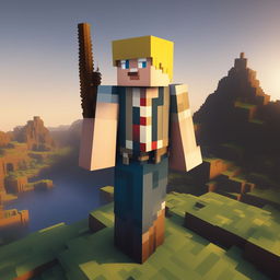 This is a high-quality digital image of a Minecraft character resembling Donald Trump, dressed in a pixelated camouflage military uniform without a tie, standing in a typical Minecraft landscape