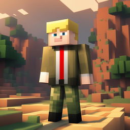 This is a high-quality digital image of a Minecraft character resembling Donald Trump, dressed in a pixelated camouflage military uniform without a tie, standing in a typical Minecraft landscape