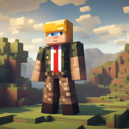 This is a high-quality digital image of a Minecraft character resembling Donald Trump, dressed in a pixelated camouflage military uniform without a tie, standing in a typical Minecraft landscape