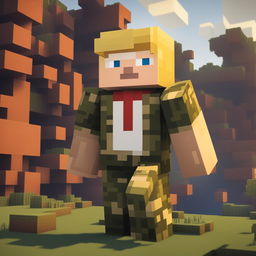 This is a high-quality digital image of a Minecraft character resembling Donald Trump, dressed in a pixelated camouflage military uniform without a tie, standing in a typical Minecraft landscape