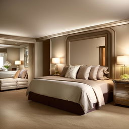 Elegant and serene bedroom interior with luxurious furnishings, soft lighting and harmonious color scheme