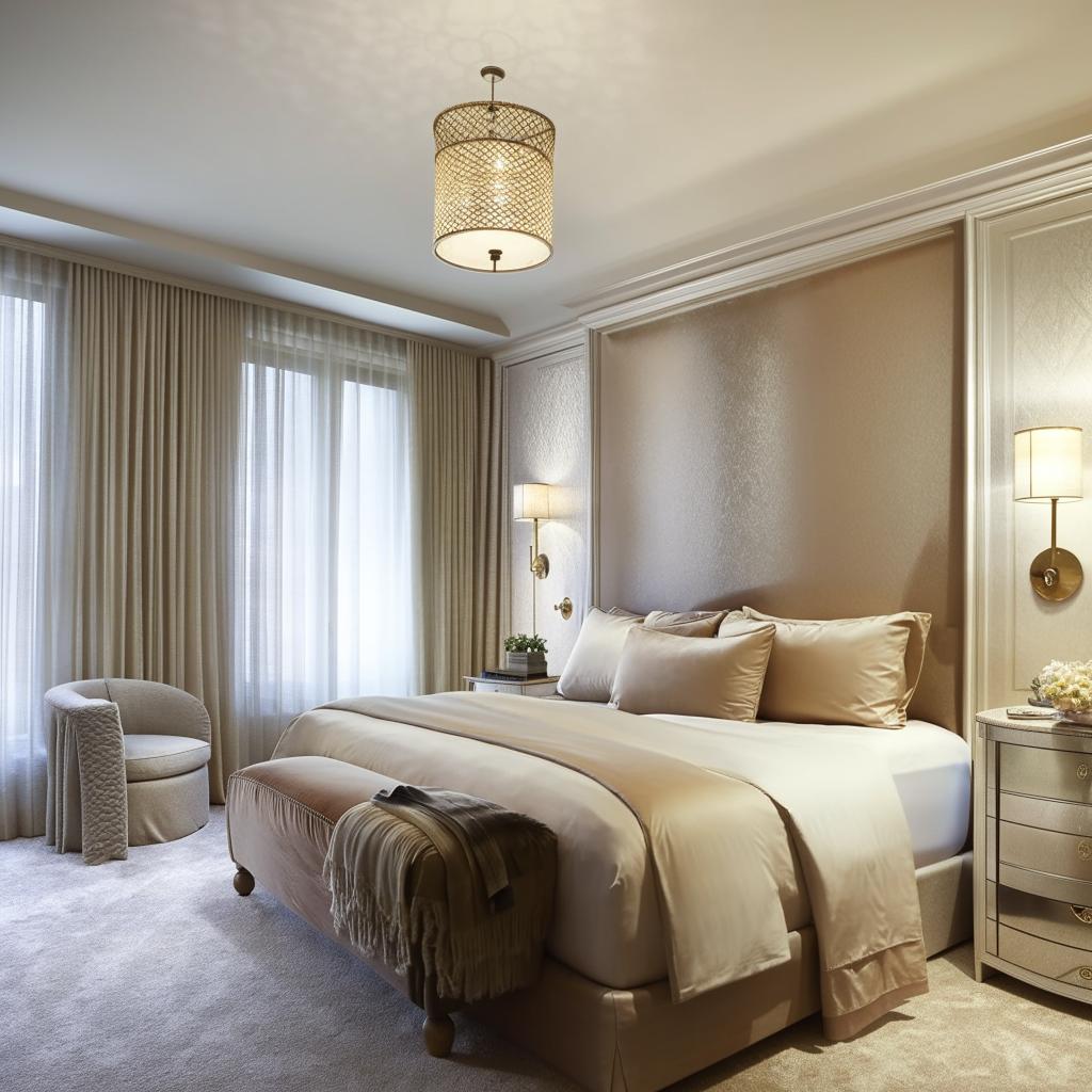 Elegant and serene bedroom interior with luxurious furnishings, soft lighting and harmonious color scheme