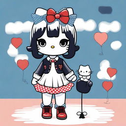 This is a vibrant digital art piece featuring Hello Kitty in two distinct outfits