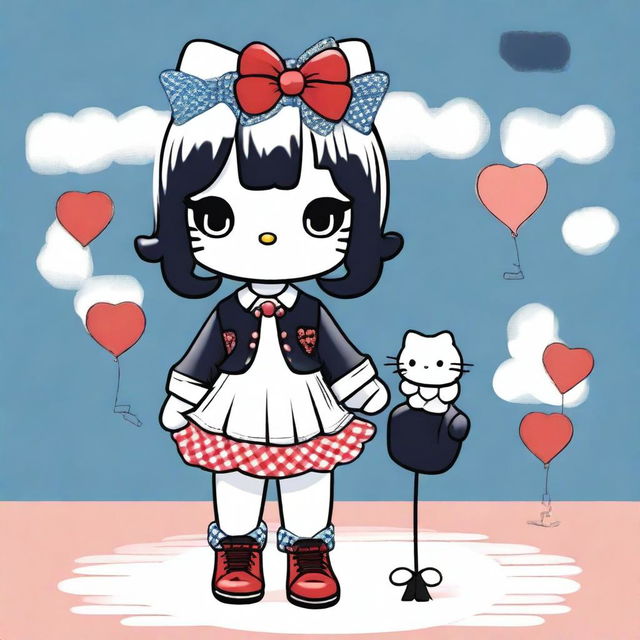 This is a vibrant digital art piece featuring Hello Kitty in two distinct outfits