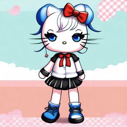 This is a vibrant digital art piece featuring Hello Kitty in two distinct outfits