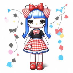 This is a vibrant digital art piece featuring Hello Kitty in two distinct outfits