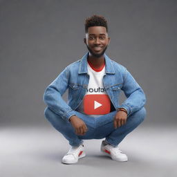 Generate a 3D illustration of an animated character presenting the 'YouTube' logo, styled in modern casual clothing like a denim jacket and sneakers, comfortably sitting down.