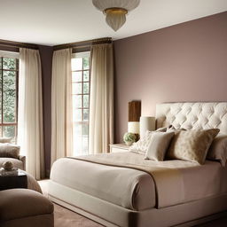 Elegant and serene bedroom interior with luxurious furnishings, soft lighting and harmonious color scheme