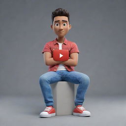 Generate a 3D illustration of an animated character presenting the 'YouTube' logo, styled in modern casual clothing like a denim jacket and sneakers, comfortably sitting down.