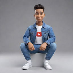 Generate a 3D illustration of an animated character presenting the 'YouTube' logo, styled in modern casual clothing like a denim jacket and sneakers, comfortably sitting down.