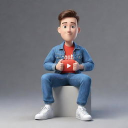 Generate a 3D illustration of an animated character presenting the 'YouTube' logo, styled in modern casual clothing like a denim jacket and sneakers, comfortably sitting down.