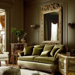 Opulent classic living room with rich green color palette, antique furniture, and ornate details