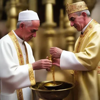During the religious ritual, the priest performs the exudation of holy oil from a sacred vessel.