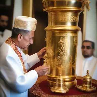 During the religious ritual, the priest performs the exudation of holy oil from a sacred vessel.