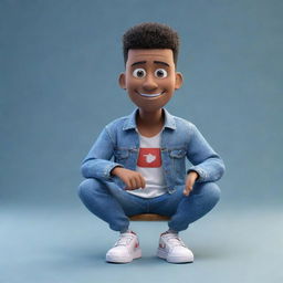 Construct a 3D illustration of a seated animated character holding the phrase 'YouTube'. The character is outfitted in fashionable casual wear, incorporating a denim jacket and sneakers.