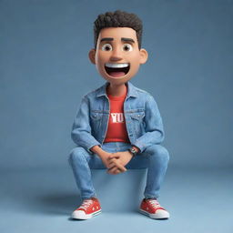 Construct a 3D illustration of a seated animated character holding the phrase 'YouTube'. The character is outfitted in fashionable casual wear, incorporating a denim jacket and sneakers.