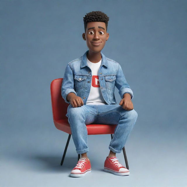 Construct a 3D illustration of a seated animated character holding the phrase 'YouTube'. The character is outfitted in fashionable casual wear, incorporating a denim jacket and sneakers.