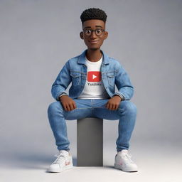 Construct a 3D illustration of a seated animated character holding the phrase 'YouTube'. The character is outfitted in fashionable casual wear, incorporating a denim jacket and sneakers.