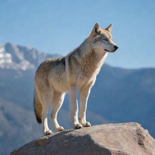 A majestic Sierra wolf standing on a rocky outcrop with a backdrop of towering mountains and a clear blue sky.