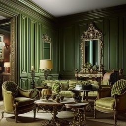 Opulent classic living room with rich green color palette, antique furniture, and ornate details