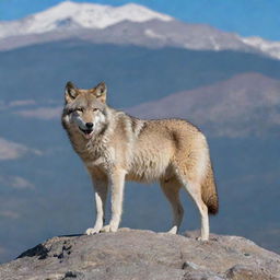 A majestic Sierra wolf standing on a rocky outcrop with a backdrop of towering mountains and a clear blue sky.