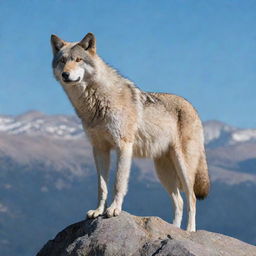 A majestic Sierra wolf standing on a rocky outcrop with a backdrop of towering mountains and a clear blue sky.