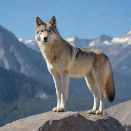 A majestic Sierra wolf standing on a rocky outcrop with a backdrop of towering mountains and a clear blue sky.